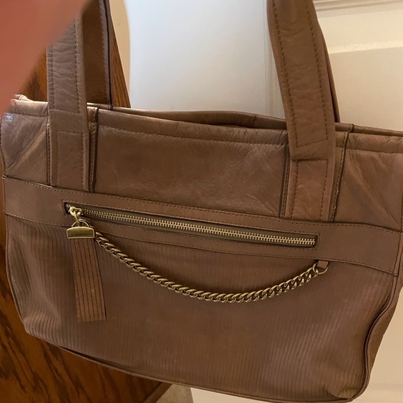 B. Makowsky Tan Grey Leather Tote EUC 15 X 11 - Picture 4 of 12